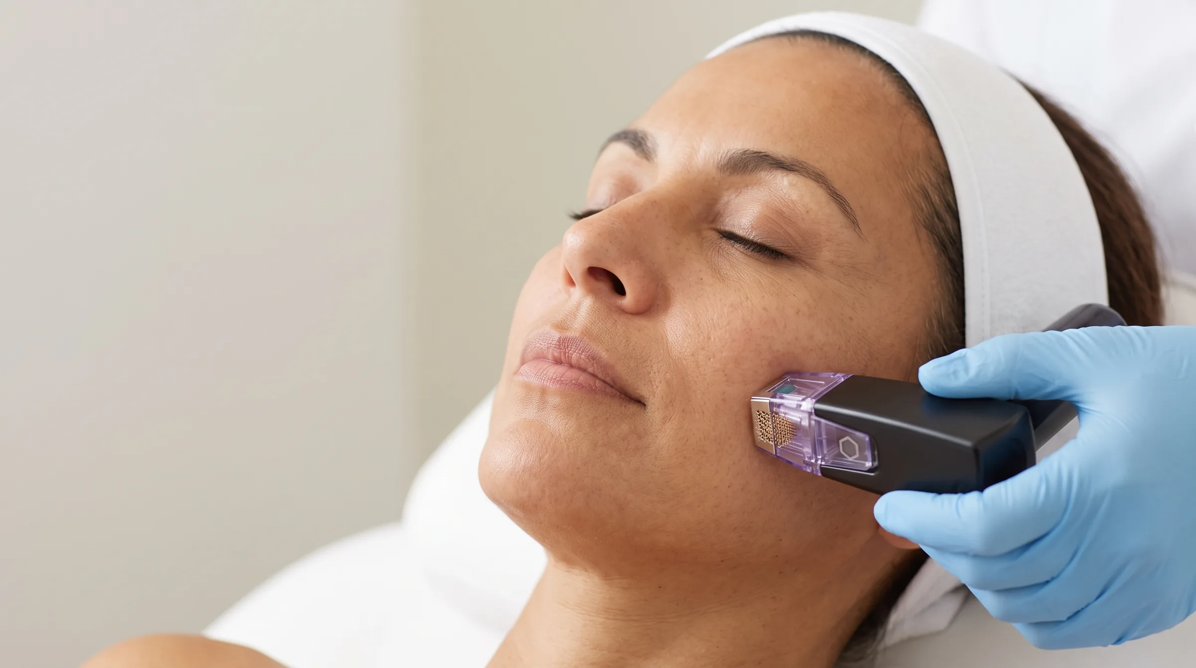 An RF microneedling handpiece being applied along a client's jawline