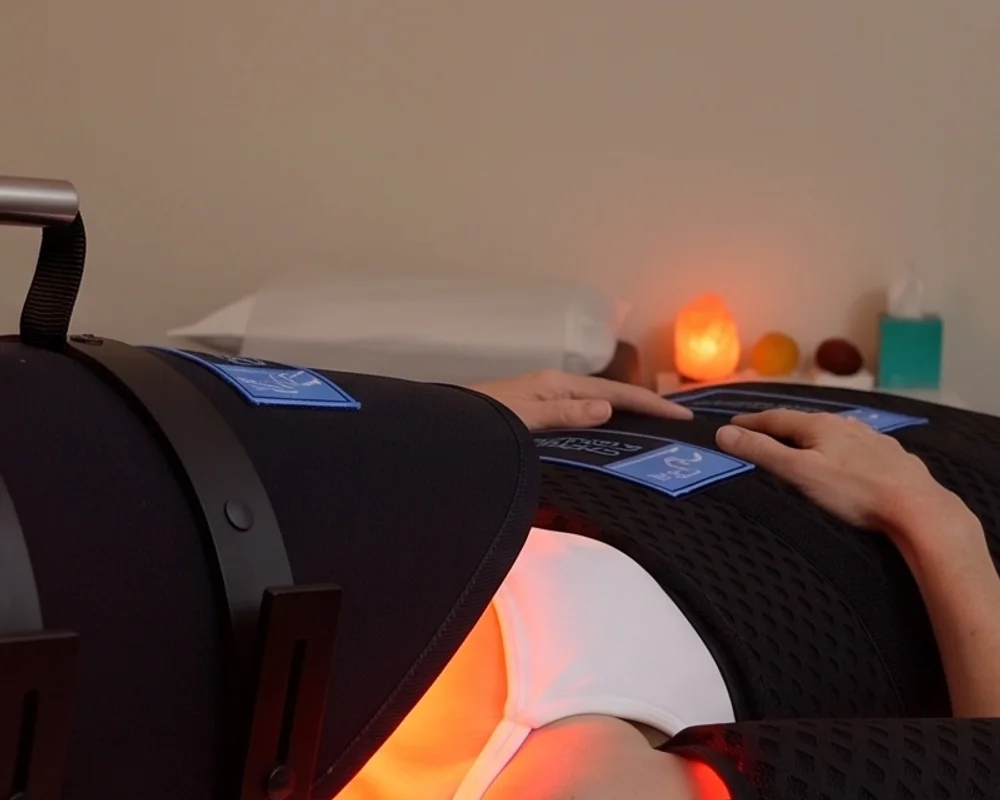A provider’s hands adjusting the light therapy pads during a session