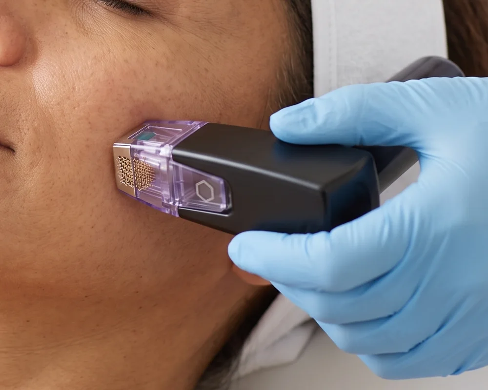 The Morpheus8 handpiece and its cartridge, held against a client’s cheek